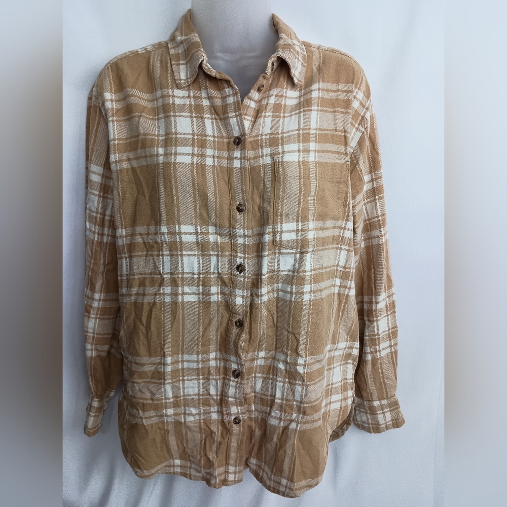 GAP academia‎ western country work Tartan Tan white Plaid Button-Up Shirt small